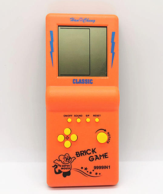 Pocket Brick, Handheld Game Console: bright yellow, gray-green LCD screen brick/block puzzle game theme, retro electronic gam