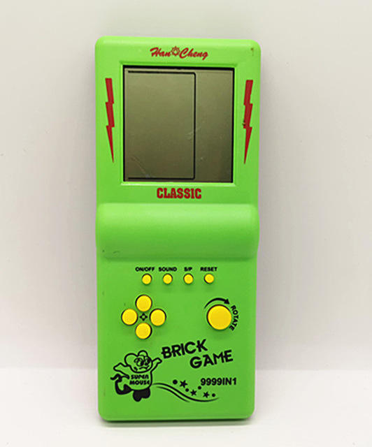 Pocket Brick, Handheld Game Console: bright yellow, gray-green LCD screen brick/block puzzle game theme, retro electronic gam