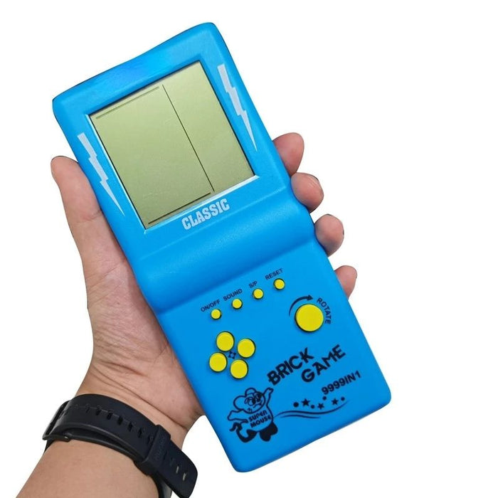 Pocket Brick, Handheld Game Console: bright yellow, gray-green LCD screen brick/block puzzle game theme, retro electronic gam