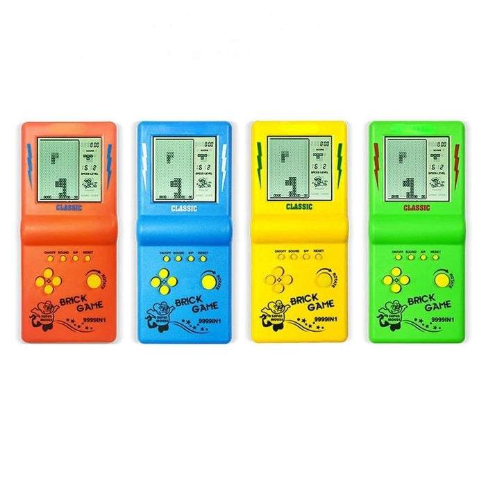 Pocket Brick, Handheld Game Console: bright yellow, gray-green LCD screen brick/block puzzle game theme, retro electronic gam