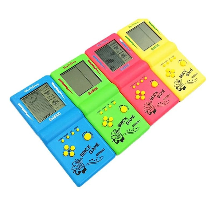 Pocket Brick, Handheld Game Console: bright yellow, gray-green LCD screen brick/block puzzle game theme, retro electronic gam