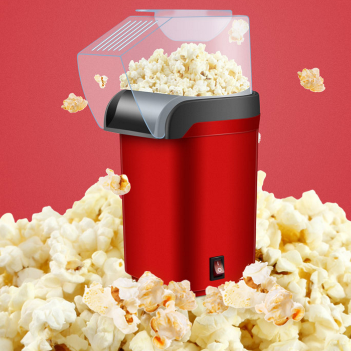 Portable Popcorn Maker with Top Cover: red, black popcorn, modern appliance style