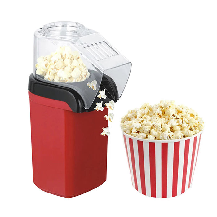 Portable Popcorn Maker with Top Cover: red, black popcorn, modern appliance style