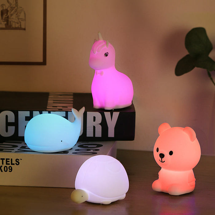 Portable Silicone Night Light with Rechargeable Battery: green, pink bear, unicorn, rabbit, elephant, and bird-like character
