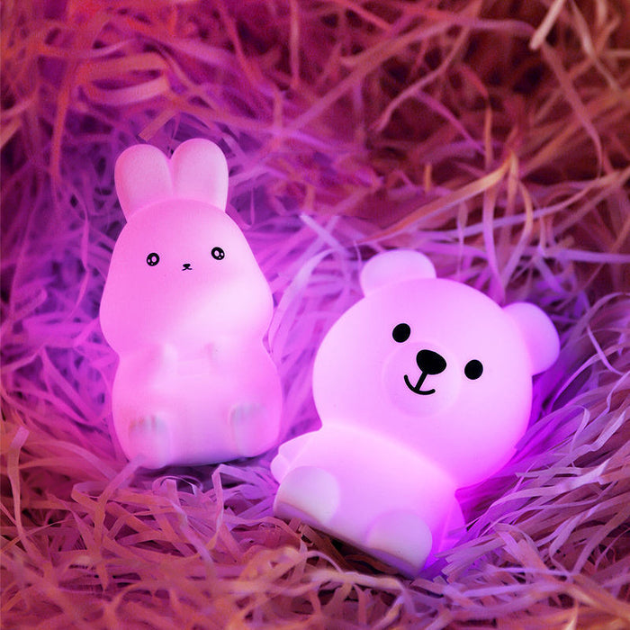 Portable Silicone Night Light with Rechargeable Battery: green, pink bear, unicorn, rabbit, elephant, and bird-like character