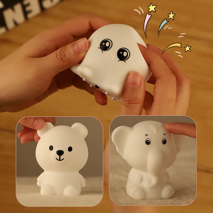 Portable Silicone Night Light with Rechargeable Battery: green, pink bear, unicorn, rabbit, elephant, and bird-like character