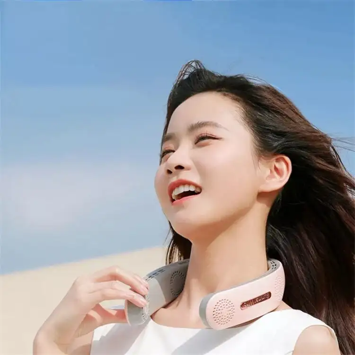 Portable USB Rechargeable Neck Fan: white, light pink wearable neck fan, minimal modern style
