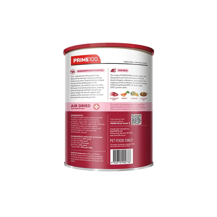 Prime100 SPD Air Dried Food for Dogs of all ages Beef&Carrot 600g