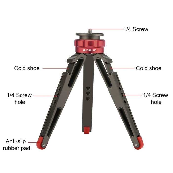 PULUZ Vlogging Tripod with Cold Shoe: Lightweight, Sturdy, Adjustable: black, red mini tripod, compact technical style