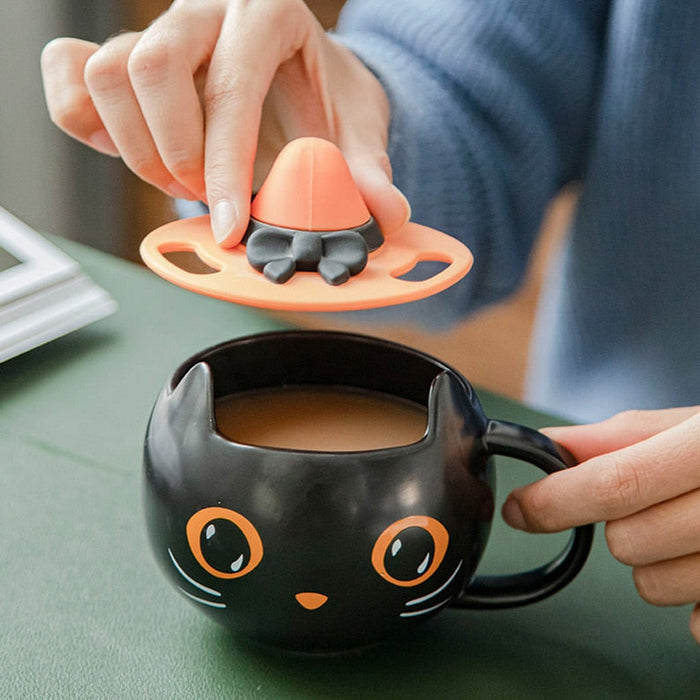 Pumpkin Cat Ceramic Mug, 400ml Capacity: black, orange black cat, kawaii cartoon style