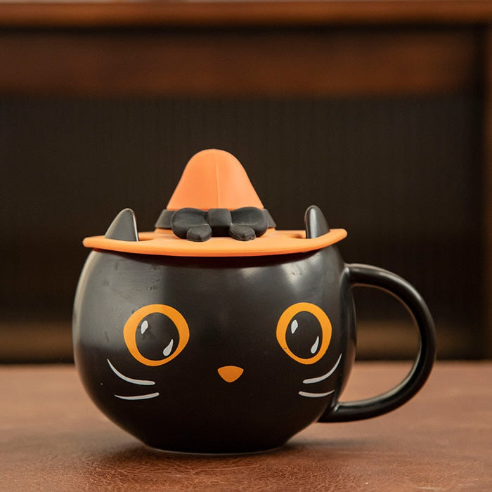 Pumpkin Cat Ceramic Mug, 400ml Capacity: black, orange black cat, kawaii cartoon style