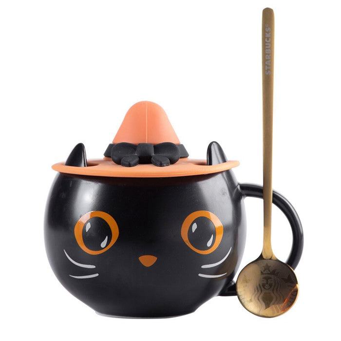 Pumpkin Cat Ceramic Mug, 400ml Capacity: black, orange black cat, kawaii cartoon style