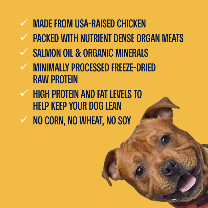Dog food product description with a smiling dog on a yellow background