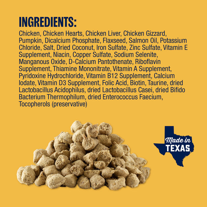 Dog food ingredients list with a pile of dog food and 'Made in Texas' label on a yellow background