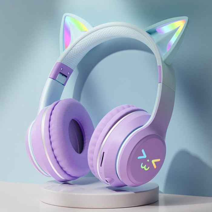 Purr-fect Wireless Headset with Microphone: lavender purple, white cat, kawaii cartoon style