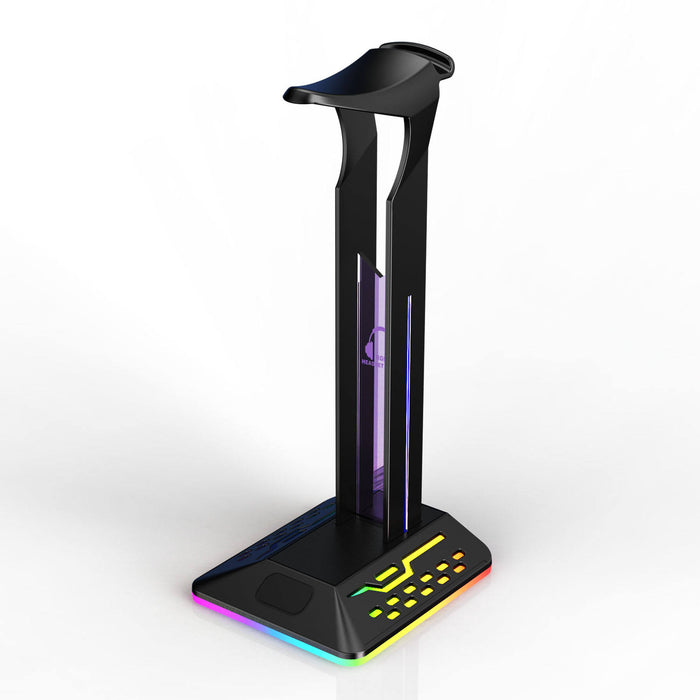 RGB Dual Type-C Headphone Stand: black, silver headphone stand with charging cables, modern tech style