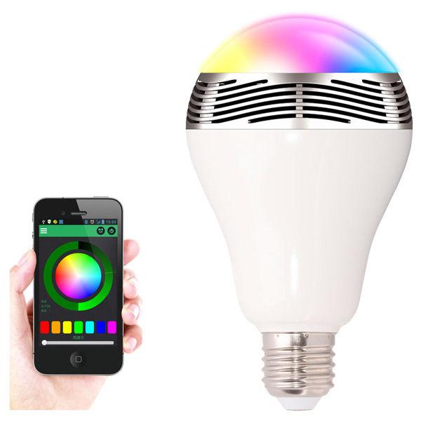 "RGB Lamp Speaker with Wireless Bluetooth": white, silver color-changing light bulb with smartphone app display, modern style
