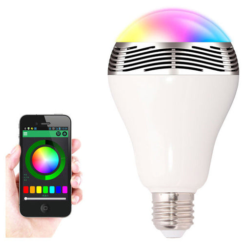 "RGB Lamp Speaker with Wireless Bluetooth": white, silver color-changing light bulb with smartphone app display, modern style