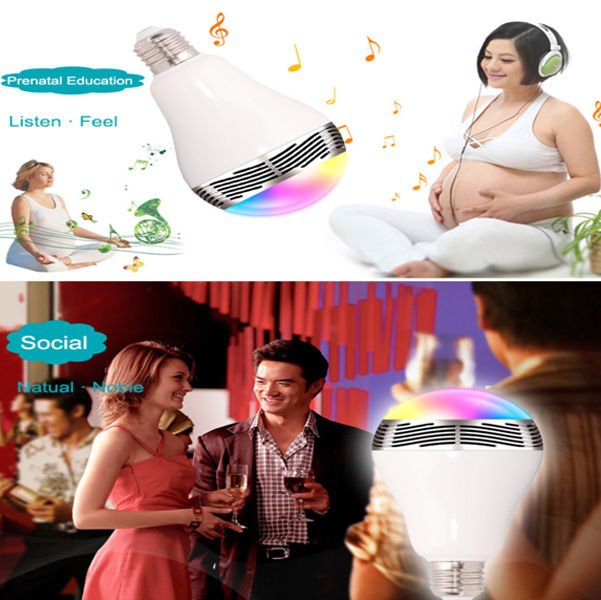 "RGB Lamp Speaker with Wireless Bluetooth": white, silver color-changing light bulb with smartphone app display, modern style