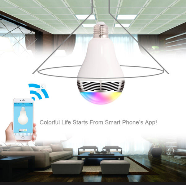 "RGB Lamp Speaker with Wireless Bluetooth": white, silver color-changing light bulb with smartphone app display, modern style