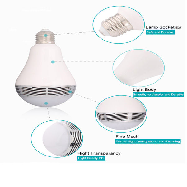 "RGB Lamp Speaker with Wireless Bluetooth": white, silver color-changing light bulb with smartphone app display, modern style