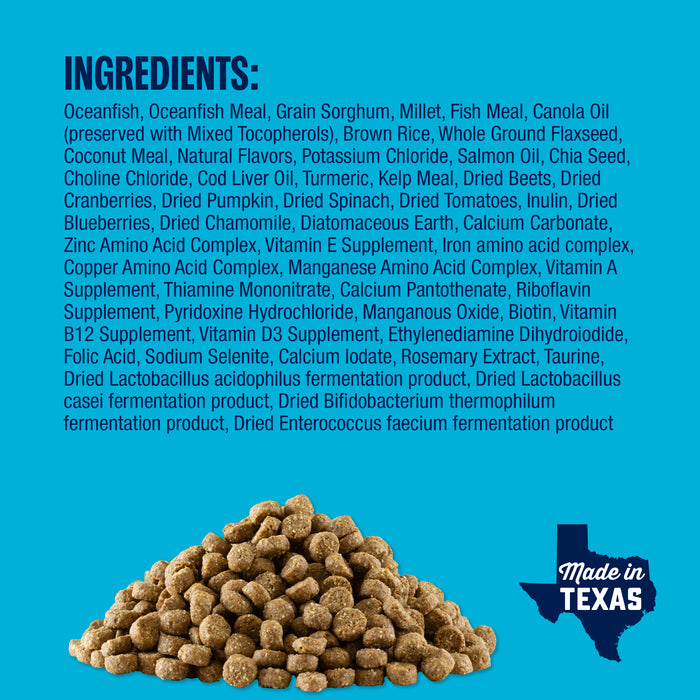 Ingredients for Muenster Ancient Grains Ocean Fish Recipe dog food with kibble shown below, made in texas logo