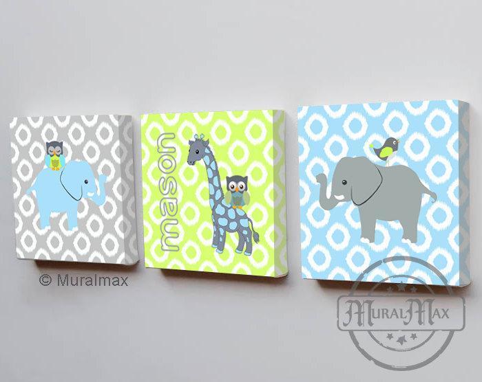 Safari Animal Canvas Nursery Art - Personalized Green Gray Elephant & Giraffe Decor - Set of 3-MuralMax Interiors