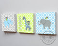 Safari Animal Canvas Nursery Art - Personalized Green Gray Elephant & Giraffe Decor - Set of 3-MuralMax Interiors