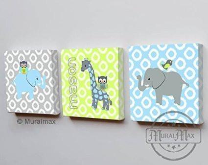 Safari Animal Canvas Nursery Art - Personalized Green Gray Elephant & Giraffe Decor - Set of 3-MuralMax Interiors