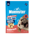 Bright blue Muenster dog-treat package featuring a happy tan dog, salmon meatball treats, and labels for 90% salmon, freeze-dried, 4 ingredients.