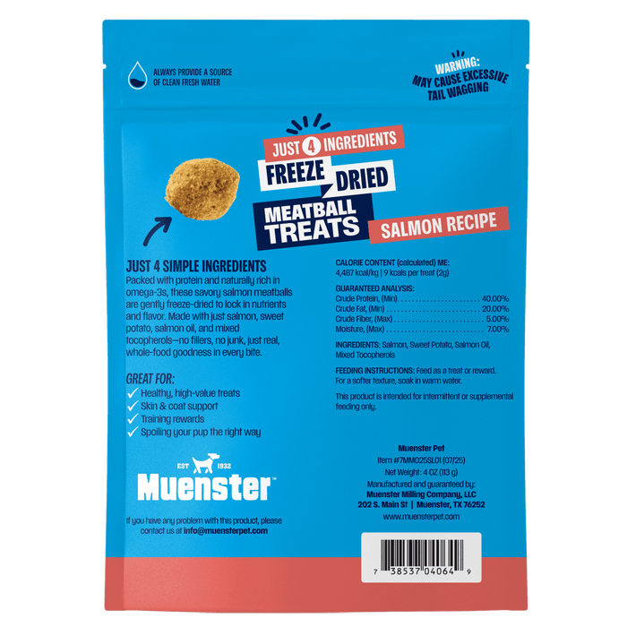 Blue Muenster Freeze-Dried Meatball Treats package featuring a salmon recipe, four ingredients, feeding instructions, and a playful pet-food design.