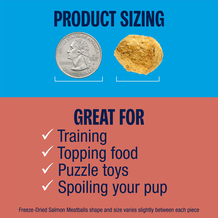 Product sizing comparison with a coin and a Freeze-Dried Salmon Meatball, featuring text on uses and product details.