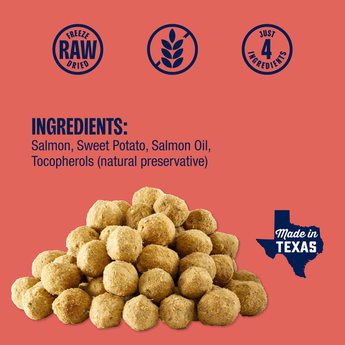 Salmon Meatball Freeze-Dried Dog Treats, label shows a pile of freeze-dried raw salmon-sweet potato treats, ingredients, quality icons, and a “Made in Texas” badge.