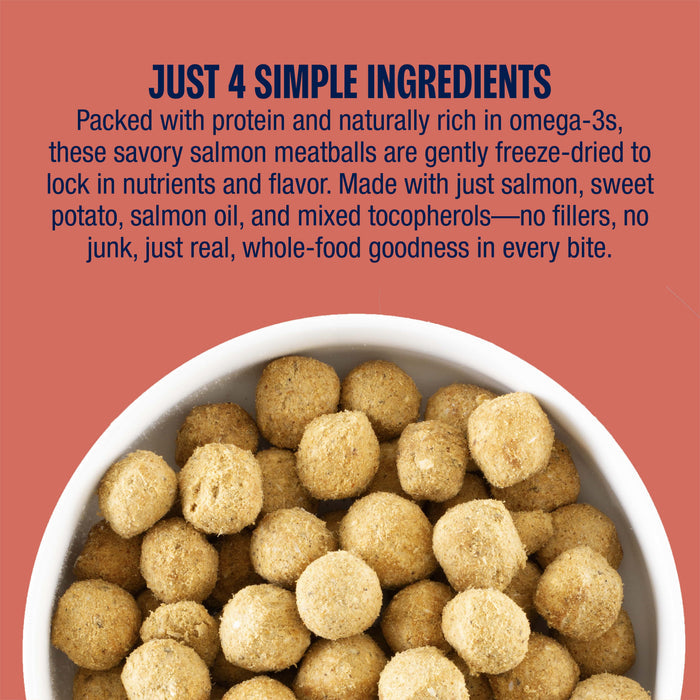White bowl filled with salmon meatballs on a red background with text about the ingredients.