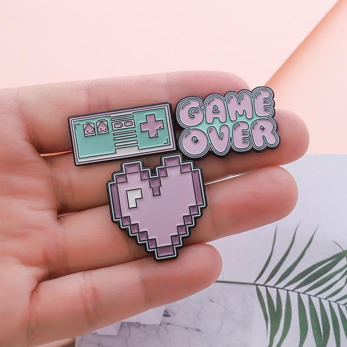 Set of 3 Gaming Pins Collection: pink, mint green retro video game theme, retro pixel art, cartoon style