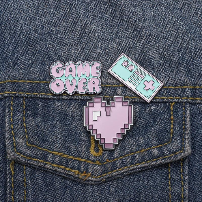Set of 3 Gaming Pins Collection: pink, mint green retro video game theme, retro pixel art, cartoon style