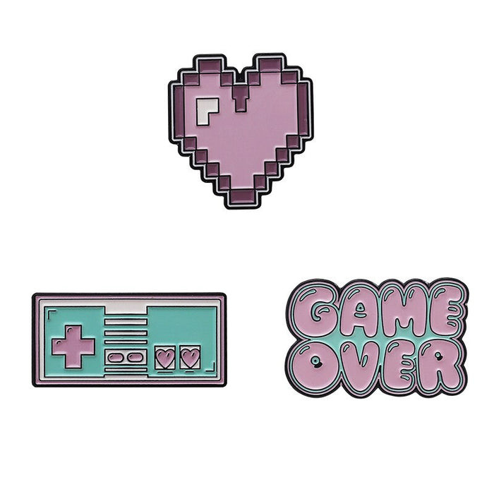 Set of 3 Gaming Pins Collection: pink, mint green retro video game theme, retro pixel art, cartoon style