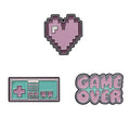 Set of 3 Gaming Pins Collection: pink, mint green retro video game theme, retro pixel art, cartoon style