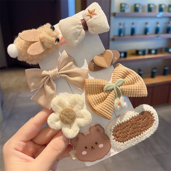 Set of 8 Cute Hair Pins: beige, cream rabbit, bear, flower, kawaii, handmade-look style