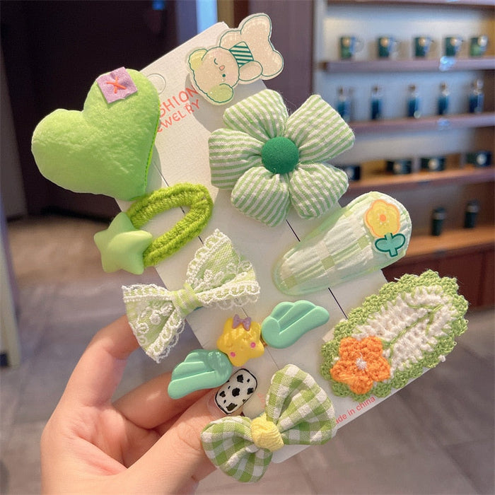 Set of 9 Cute Green Hair Pins: light green, green frog and flower theme, cute cartoon kawaii style