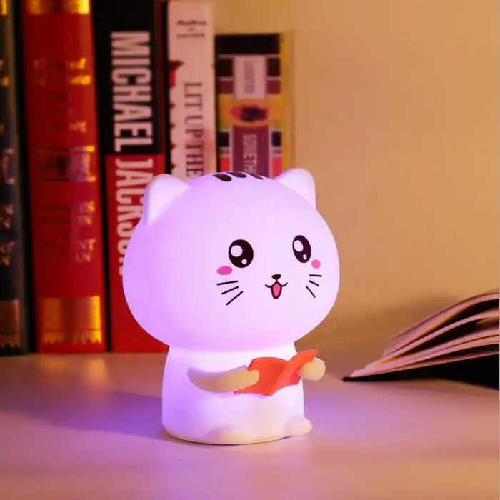 Smart Cat Night Lamp with Touch-Control: white, pink cartoon cat, kawaii cartoon style