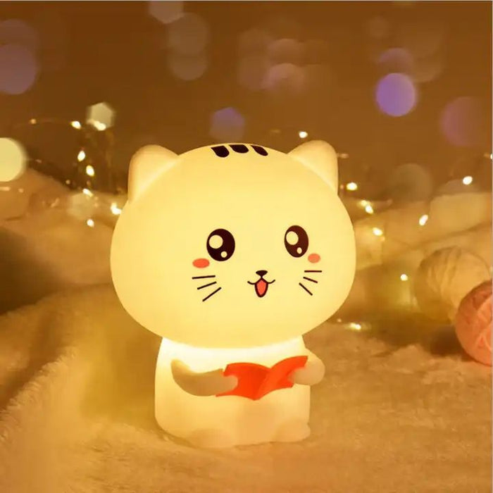 Smart Cat Night Lamp with Touch-Control: white, pink cartoon cat, kawaii cartoon style