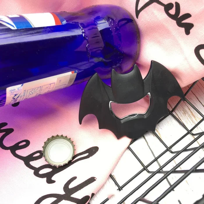 Spooky Bat Bottle Opener Magnet: black bat, gothic cartoon style
