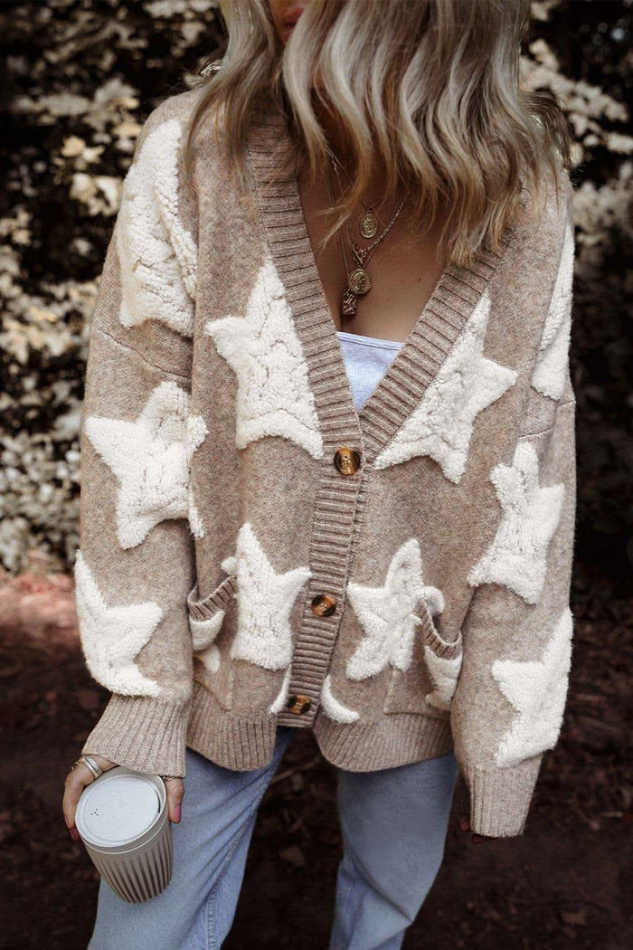 Star Button Up Long Sleeve Cardigan - Mocha