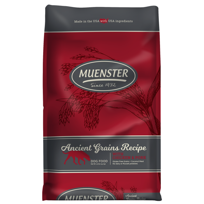 Muenster Ancient Grains with Chicken & Pork dog food 22 pound bag