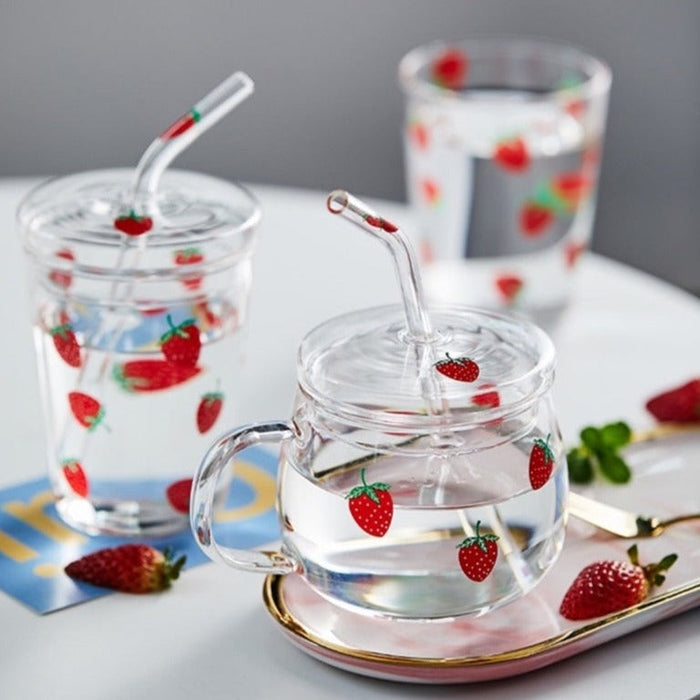 Strawberry Patterned Cup with Straw: clear, red strawberry theme, cute fruit print style