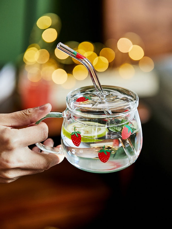 Strawberry Patterned Cup with Straw: clear, red strawberry theme, cute fruit print style