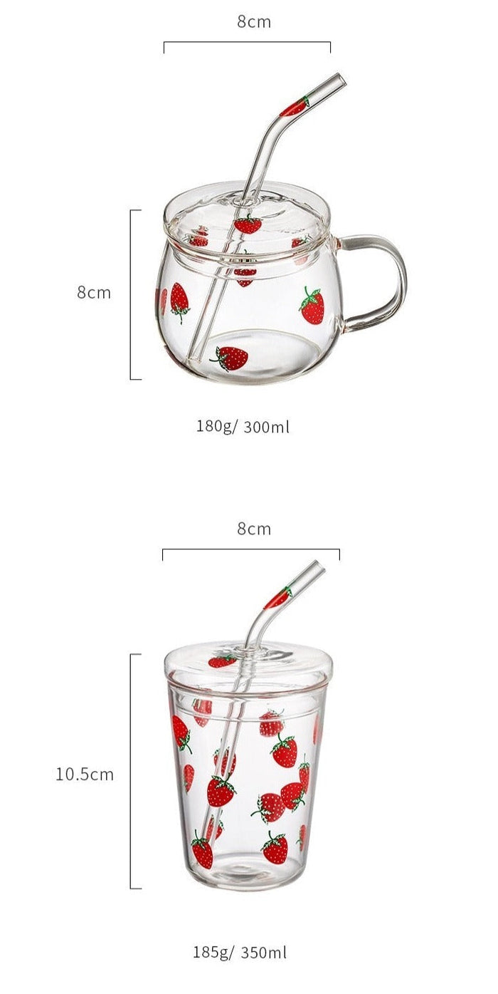 Strawberry Patterned Cup with Straw: clear, red strawberry theme, cute fruit print style