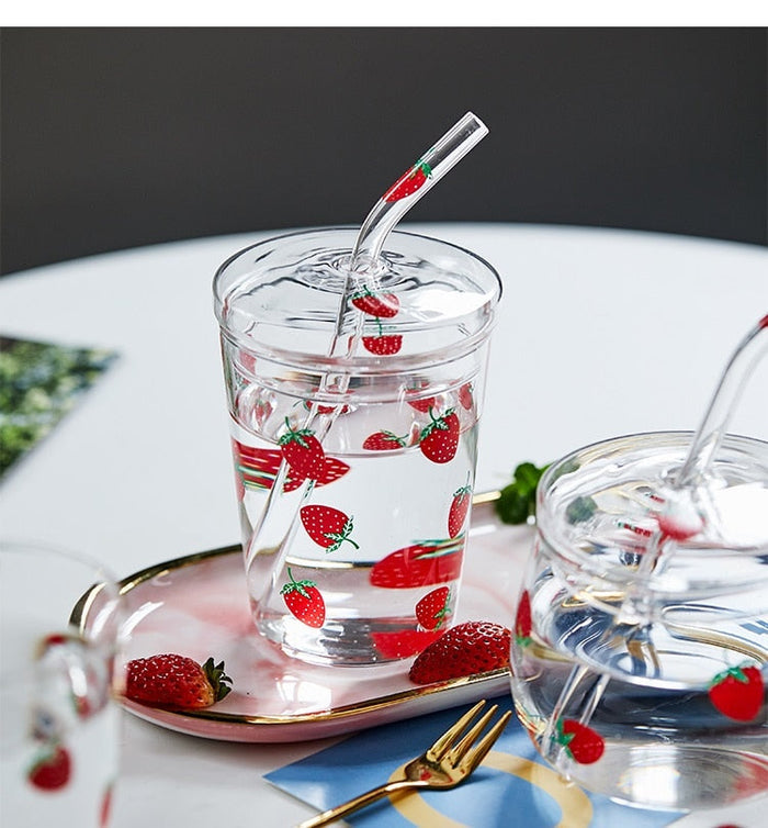 Strawberry Patterned Cup with Straw: clear, red strawberry theme, cute fruit print style