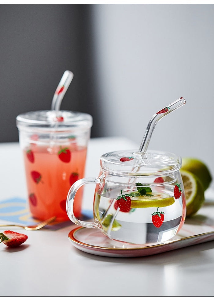 Strawberry Patterned Cup with Straw: clear, red strawberry theme, cute fruit print style